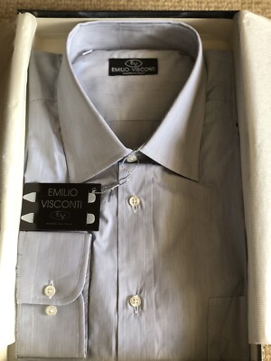 New EmilioVisconti Mens 100%Cotton Stripes Shirt,Size18.5 in,Gray.Made In Italy.