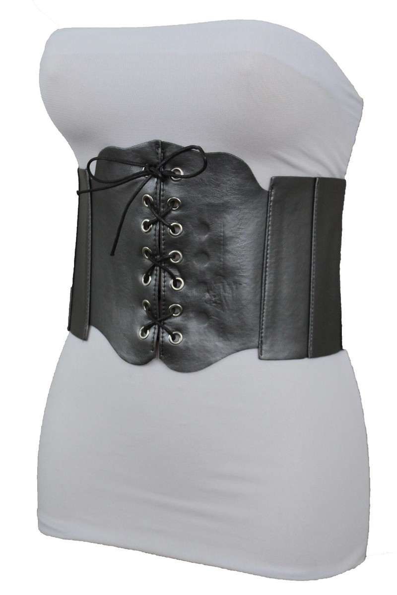 Women Metallic Grey Elastic Extra Wide Cinch Corset Belt
