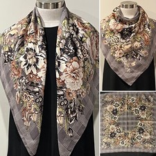 Silk Twill Choc/Ivory/Caramel/Khaki Houndstooth Check Flowers Scarf 76x76cm