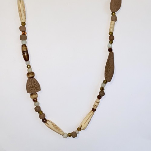 Vintage Ethnic Beaded 16" Necklace Terra Cotta Clay Glass Etched Faux Bone Beads