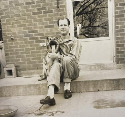 1950s Man Hugging German Shepherd Dog Puppy Pet Original Polaroid Photo P12i12