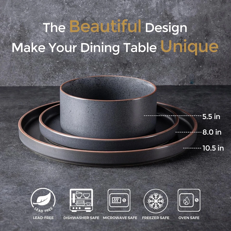 Juegos de vajilla de cerámica para 6, juego de platos y cuencos de gres de borde alto, astilla y Foto 2 de 4