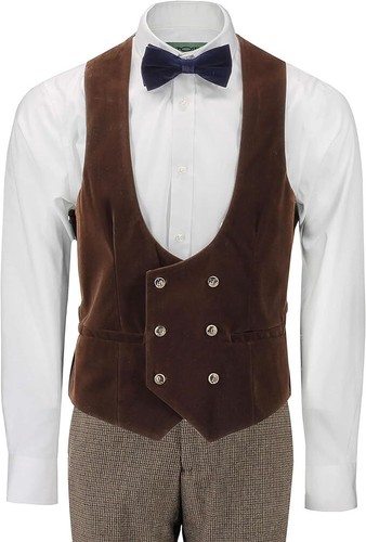 Men’s Houndstooth Double Breasted Waistcoat Wool Blend Tweed Velvet Tailored Fit - Picture 11 of 13