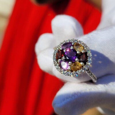 Amethyst, Granat, Citrin & Diamant Multi Edelstein 9k Goldring MASSGESCHNEIDERT