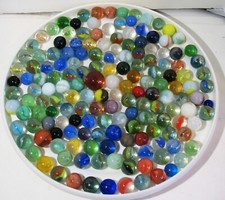 Vtg Lot of 150 Marbles Including 1 Shooter .39-.86" Dia Mostly Catseyes