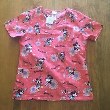 Disney Womens Size XS Minnie Mouse Pink Scrub Top Short Sleeve  Natural Cutie  