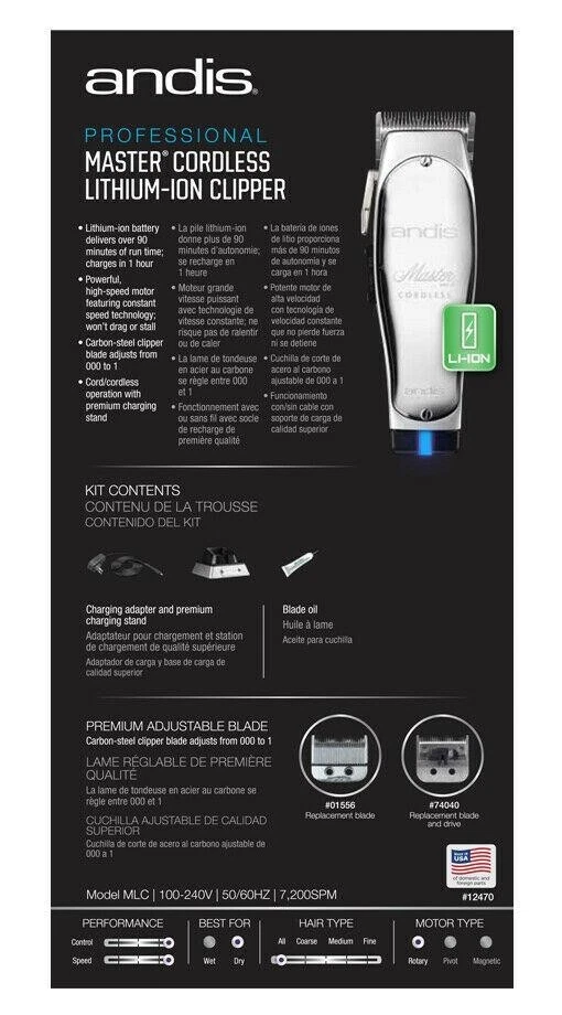 Andis Professional Master Cordless Li-Ion Clipper MLC #12470 Silver BRAND NEW - Image 3 of 4