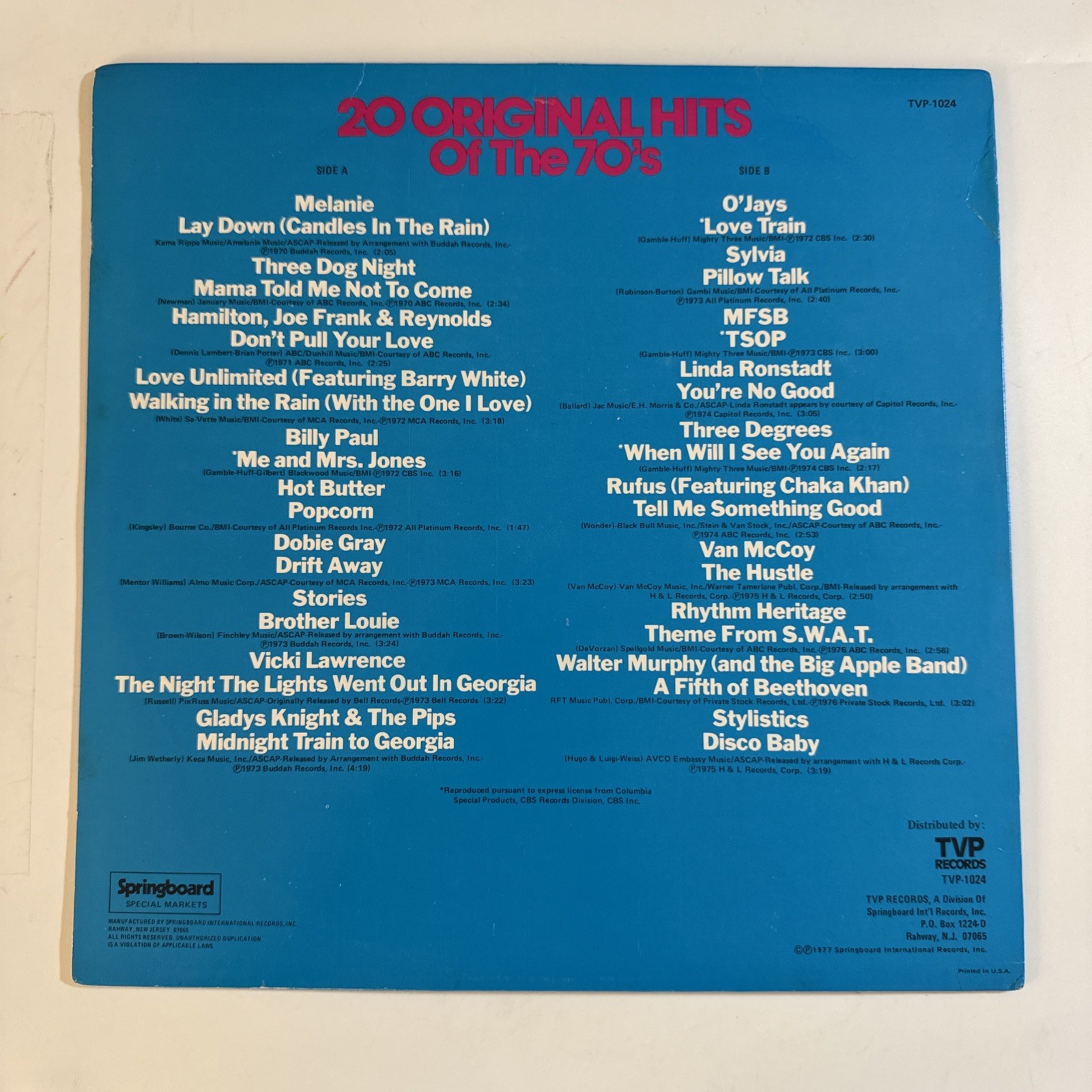 20 Original Hits of the 70's TVP-1024 Vinyl LP NM-/VG+