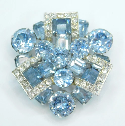 VTG Eisenberg "Ice Blue & White" Glass Rhinestone 3D Silver Tone Brooch 1 7/8"