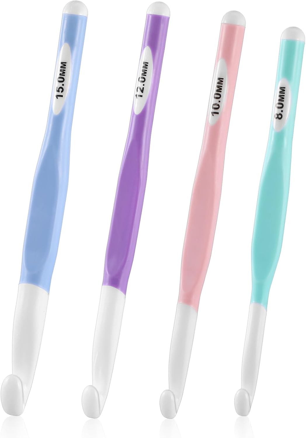 4 Pack Large Ergonomic Crochet Hook Set - 8mm, 10mm, 12mm, 15mm - Rubber Handle