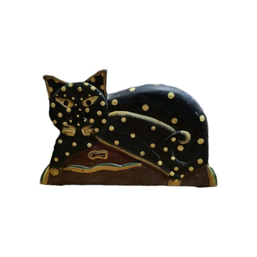Laurel Burch Style Letter Holder Napkin Cat Two Sided Wood Hand Painted - Picture 3 of 7
