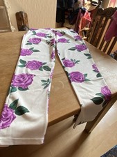 Stretchy high waisted leggings, White With Purple Roses. Polyester Blend