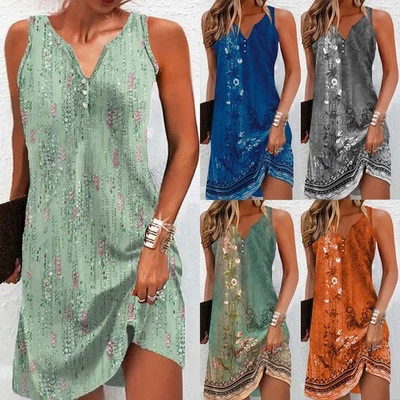Damen V-Neck Trägerkleid Strandkleid Blumen Urlaubkleid Partykleid Freizeitkleid - Bild 1 von 4