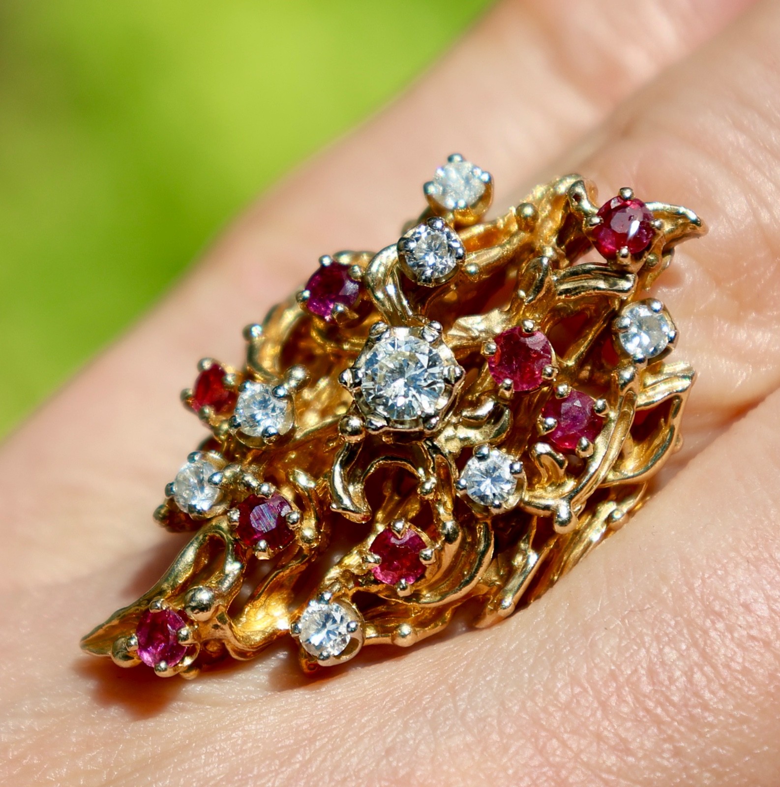 14K 585 SOLID YELLOW GOLD RUBY DIAMOND CLUSTER AR… - image 12