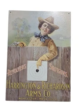 Vintage HARRINGTON RICHARDSON H&R revolvers shotguns woman target Metal sign