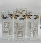 6 Vtg Anchor Hocking Americana Glasses Highball White Colonial Motifs Gold Eagle