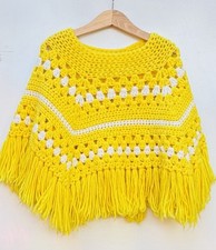 Vintage Kids Crochet Poncho Shawl One Size Fits 4-7 70s Fringe Boho Handmade