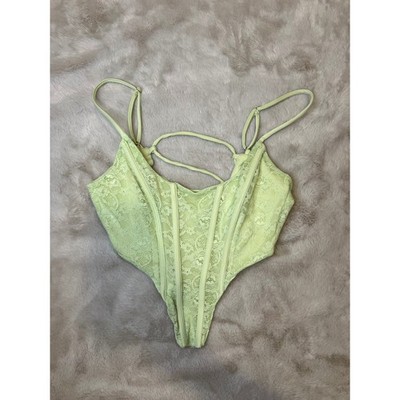 Bershka Womens Bodysuit Lace Corset Strappy Lime Green S