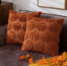 Pumpkin Fall Decorative Throw Pillow Covers 18X18 Set of 2 Rust Red Soft FauxNEW