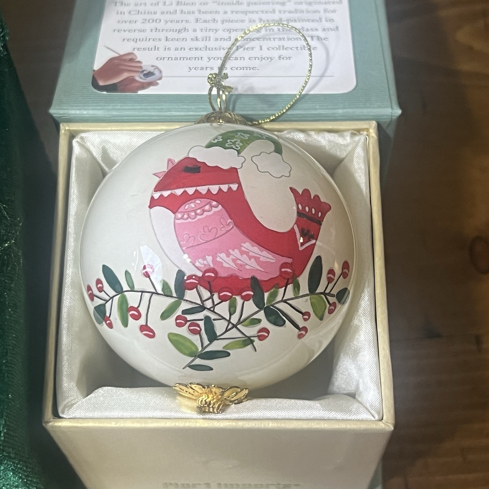 "Li  Bien " PIER 1 Art Hand-Painted Glass Christmas Ornaments Set of 3 w/boxes