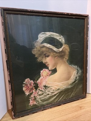 Antique Edwardian Lady Portrait Silk Lithograph Shabby Chic Cottage Wall Art
