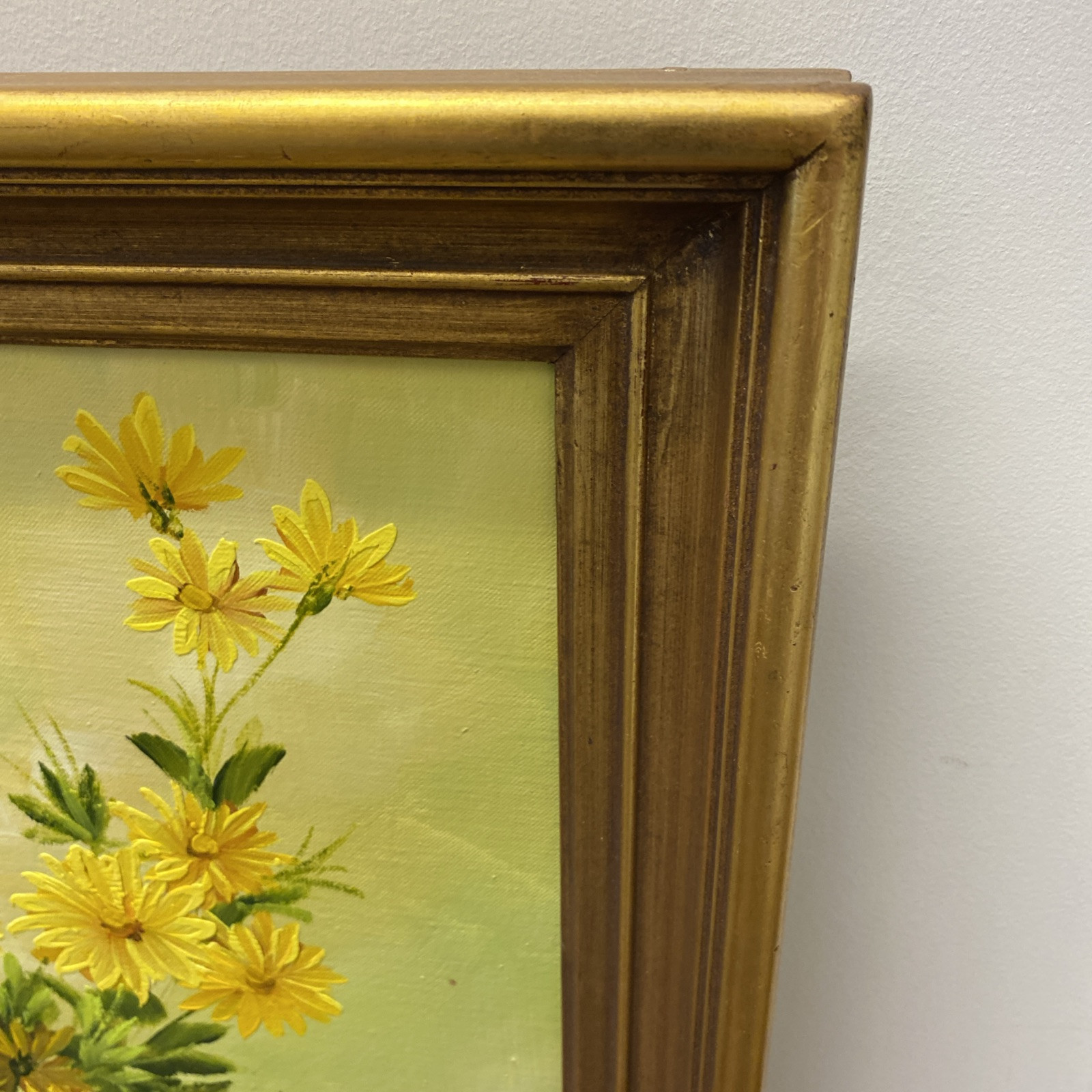 Signed Yellow Flowers In Blue Vase Still Life Framed Oil Painting