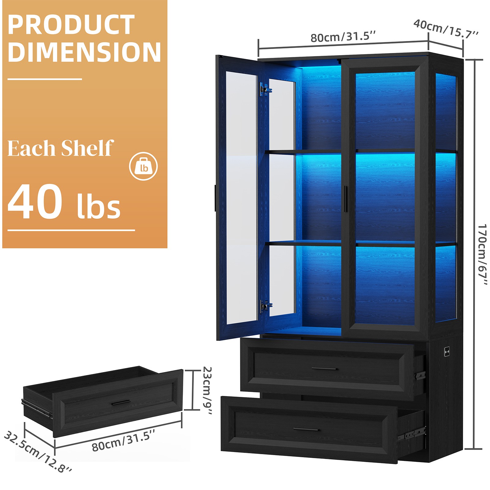Display Cabinet Storage Cabinet Bookcase with Drawers, Doors, 3-Color LED Lights