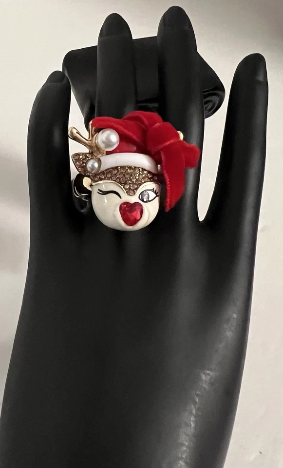 Anillo Betsey Johnson Ajustable Guiño Reno Elástico Cristal de Navidad Foto 4 de 4