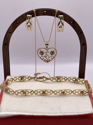 NEU US VERGOLDET 10K BLÜHENDE ROSE HERZ 18'' HALSKETTE OHRRINGE ARMBAND
