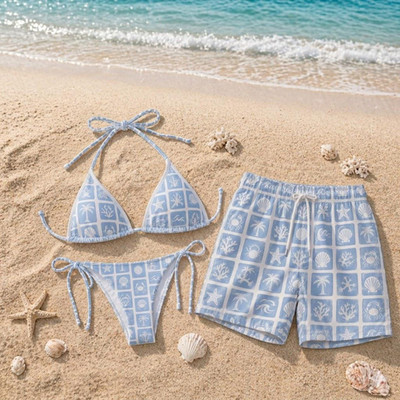 Blue Couple Swimwear Set, Matching Bikini & Swim Trunks, Beach Vacation Swimsuit