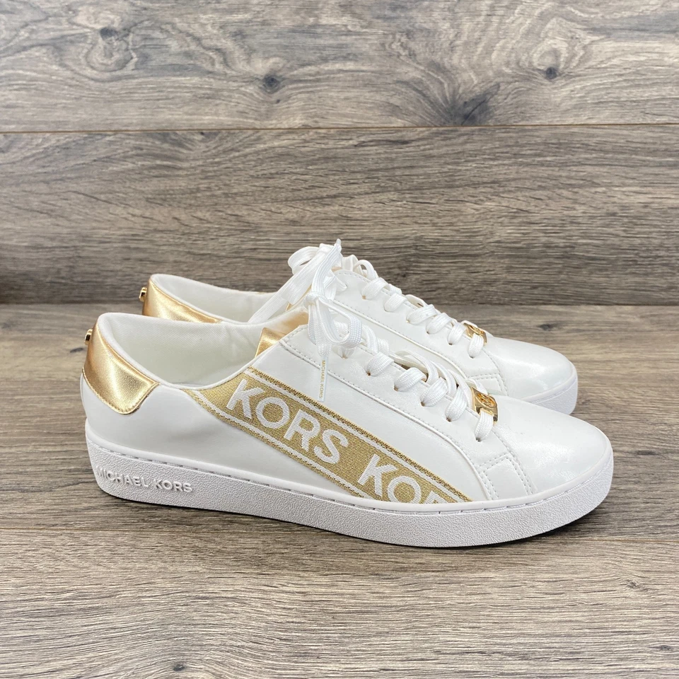 Michael Kors Low Top Leather Trainer Sneakers Shoes Women’s Size 7.5 White Gold - Image 2 of 4