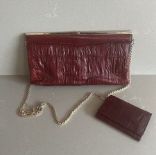 Vintage Genuine Eel Skin Clutch Cocktail Purse Chain Strap Wallet Burgundy Korea