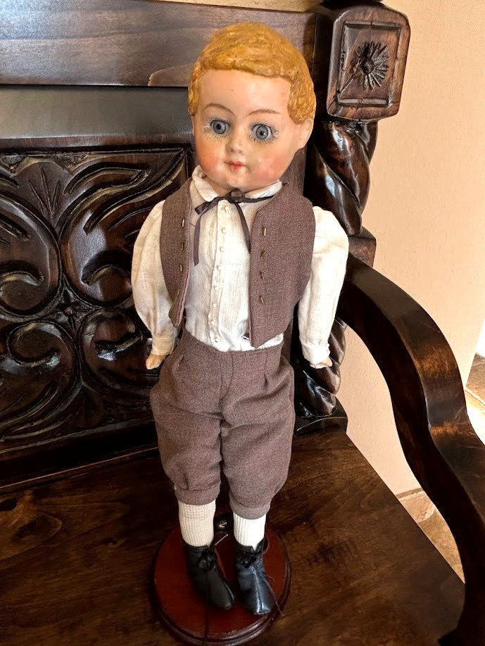 Excellent Antique Wax Over Paper Mache German School Boy Dol