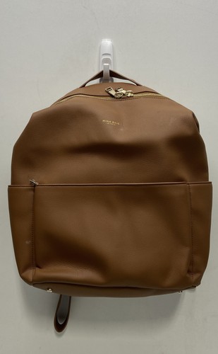 Mina Baie Tan Pebbled Leather Diaper Bag Backpack Gold Tone Hardware