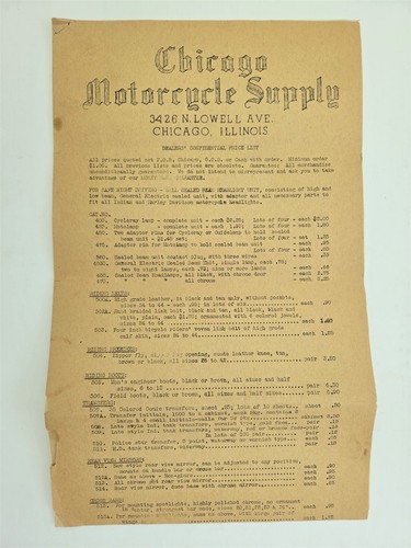 1940 antique CHICAGO MOTORCYCLE SUPPLY chicago ill PRICE LIST Harley Indian