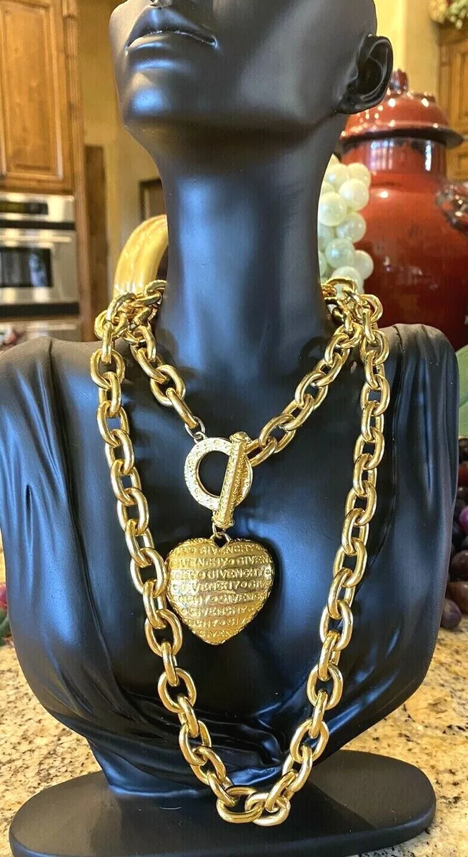 Givenchy Gold Plated Puffy Logo Heart Charm Long Chain Link Necklace