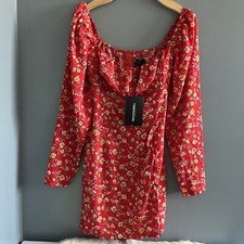 Pretty Little Thing Red Ditsy Floral Bow Mini Dress Size 8 New With Tags