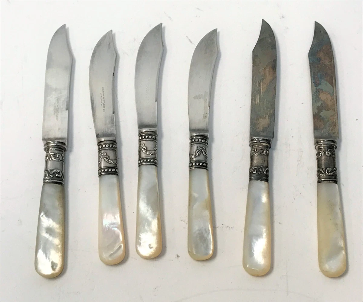 LOT OF 6 VINTAGE AMERICAN CUTLERY MOTHER OF PEARL STERLING FRUIT KNIVES