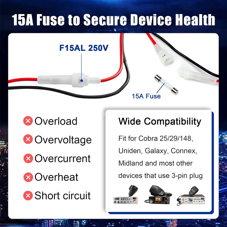 2x CB Radio 3 Pin Power Cord with 15A Fuse Extension 60" For Connex RCI - Image 2 of 4