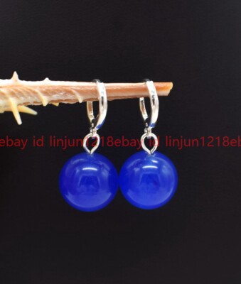 Natural Beautiful 10mm Blue Jade Round Gemstone Beaded Silver Leverback Earrings