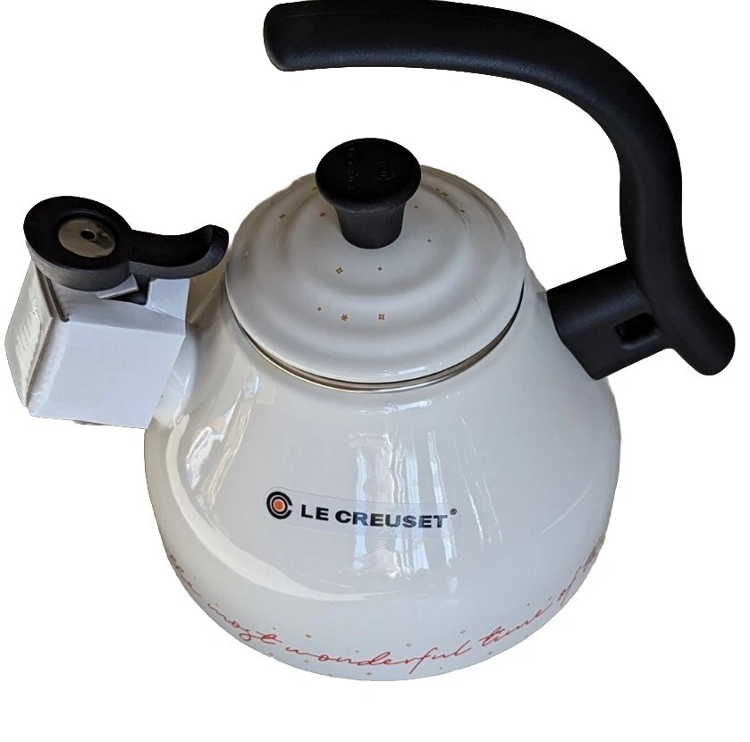 Le Creuset 1.6 Qt Chrysenth WHITE Kettle Holiday Decal Red Script Gold Stars NEW