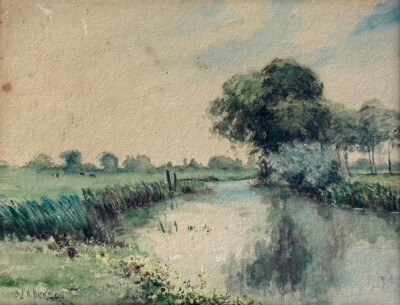 Aquarellgemälde eines englischen Kreideforellenbaches darauf, signiert D.J.A. Dickson