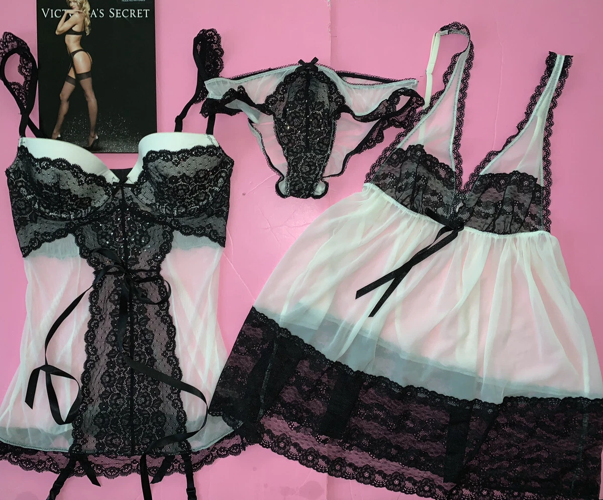 Victoria's Secret 36B GARTER SLIP corset+panty+BABYDOLL Black White lace  crystal