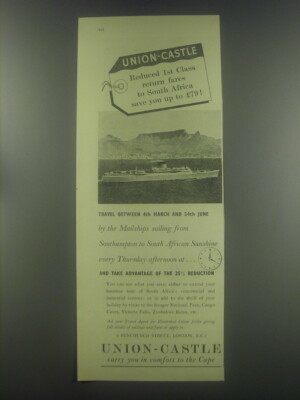 1954 Union-Castle Cruise Ad - Union-Castle Reduced 1st Class return fares