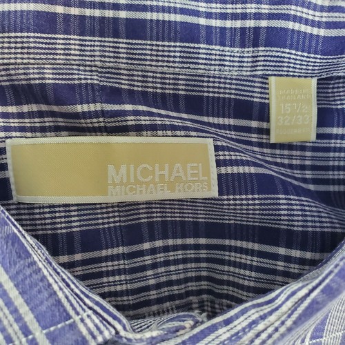 Michael Kors Shirt Mens 15.5 32/33 Blue Button Front Dress Plaid Check Cotton - Picture 6 of 7