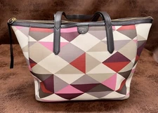 Fossil “Sydney” Geometric Print Tote Canvas Leather Handles Without Fossil Key
