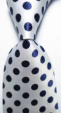 New Classic Polka Dot White Dark Blue JACQUARD WOVEN 100% Silk Men's Tie Necktie