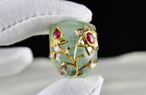 Certified Old Natural Emerald 121ct Cabochon Ruby Natural Diamond 22k Gold Studs - Picture 3 of 10