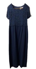 Montage By Mon Cheri Navy Blue Dress Beaded Size 14 Sheer Sleeves Modest