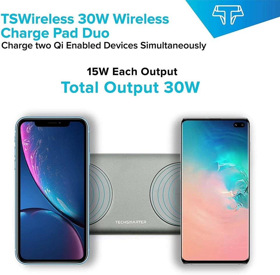 Techsmarter 15W Dual Wireless Fast Charger Pad for iPhone Samsung LG ThinQ - Image 3 of 4